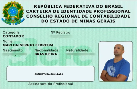 Carteira de identidade profissional do contador Marlon Sergio Ferreira, registrado no CRC-MG